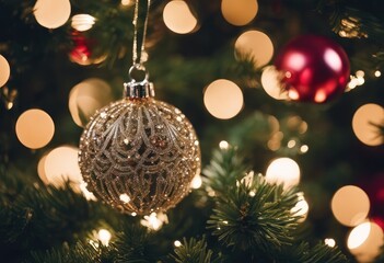 Wall Mural - A macro shot capturing the intricate details of sparkling ornaments and delicate tinsel on a Christmas tree