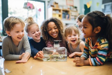 A group of children around a teacher. Collaborative learning and joy of early education.