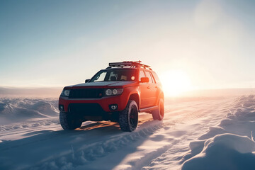 Wall Mural - SUV rides on a winter forest road. A car in a snow-covered road among trees and snow hills