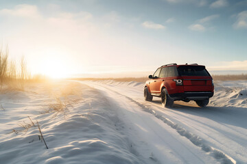 SUV rides on a winter forest road. A car in a snow-covered road among trees and snow hills