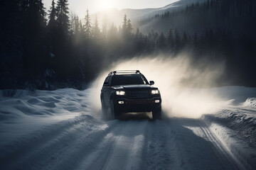 Wall Mural - SUV rides on a winter forest road. A car in a snow-covered road among trees and snow hills