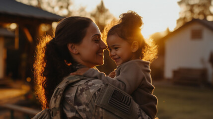 woman soldier with son inside the building