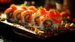 Detalle del primer plano. Luz suave desde el lateral para resaltar los detalles y las texturas del sushi. Enfoque meticuloso de los rollos de sushi, captando los granos de arroz y los ingredientes fre