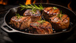fillet mignon beef medallions in a cast iron skillet