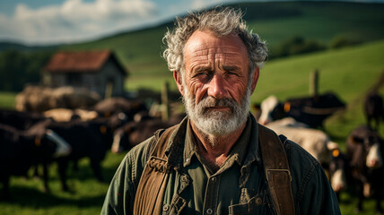 Canvas Print - Fotografía de un granjero curtido y trabajador, de pie en medio de un extenso campo, rodeado de vacas satisfechas que pastan a lo lejos.