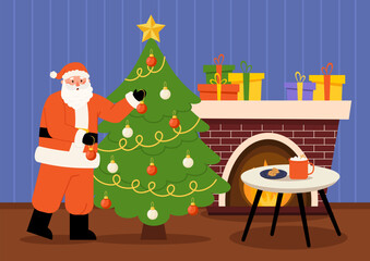 Wall Mural - Christmas living room interior Santa Claus decorate christmas tree. Cookies and mug of cocoa on table. Fireplace, gift boxes, festive indoor decoration. Vector illustration in flat style