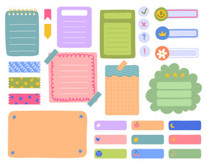 Poster - Cartoon Color Different Task Planners and Paper Sticky Notes Set Reminder Concept Flat Design Style. Vector illustration