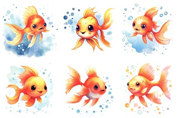 Wall Mural - A set of six goldfish with different expressions, watercolor clipart on white background.
