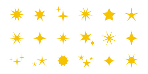 Vector yellow and gold stars sparkles icons. Collection of yellow star signs. Decoration twinkle, shiny flash. Gold glowing light stars and bursts isolated on white.