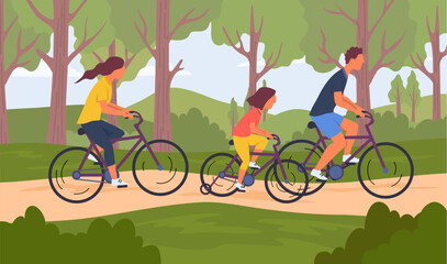 Poster - Cartoon Color Characters People Family Riding Bikes Together on Park Road Concept Flat Design Style. Vector illustration