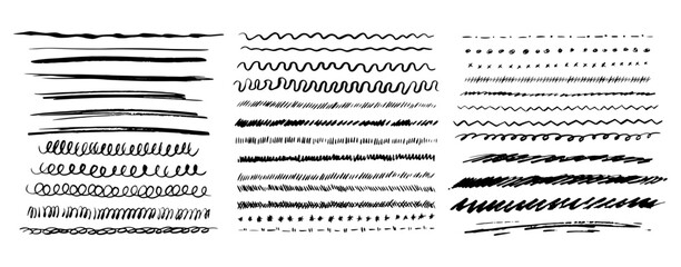 Poster - Divider, Underline, Curly Swishes, Swoops, Swirl and Signature Set Sign Hand Drawn Black Line. Vector illustration of Swashes in Doodle Style
