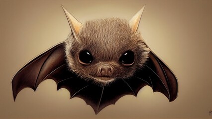 AI generated illustration of a cute adorable fluffy brown bat on a beige background