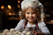 little girl  smilling in a white  chef's hat baking cookies