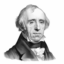 Black And White Vintage Engraving, Headshot Portrait Of William Wordsworth The Famous English Poet, White Background, Greyscale - Generative AI