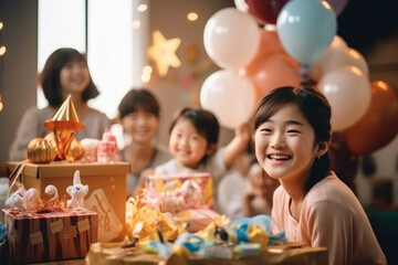 Wall Mural - A beautiful young girl and her Asian friend have fun celebrating their birthday with a birthday cake and candles while smiling for the camera. Celebrate children's birthdays with family