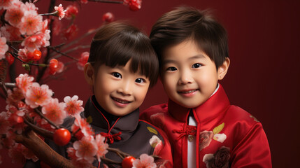 Wall Mural - happy smiling Chinese boy and girl wearing red traditional clothing for Chinese new year