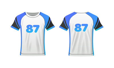 Wall Mural - T-shirt layout. Flat, color, t-shirt mockup, sports t-shirt mockup with number 87. Vector icons