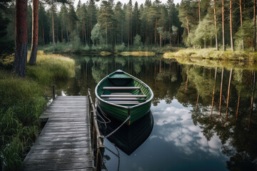 Wall Mural - A boat by a lake in a forest, AI generated