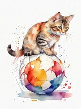 A Colorful Ball Is Being Played With By A Cat In A Watercolor Illustration Which Is Set Apart On A White Background