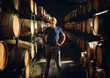 Portrait of a winemaker, looking at the camera, in his cellar amidst barrels of wine.  Generative ai