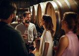 Fototapeta  - winemaker welcoming visitors to his cellar for a glass of wine tasting. Cellar with barrels in background. Generative ai