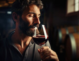 Fototapeta  - Close-up portrait of a winemaker breathing in the aromas of a red wine by holding a glass up to his nose. Cellar with barrels in background. Generative ai