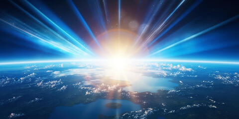 Wall Mural - panoramic view on planet earth globe from space with rising sun. glowing city lights, light clouds. 