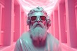 Portrait of a white sculpture of Zeus wearing goggles against a pink colonnade.