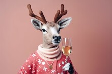 Portrait Of A Funny Christmas Reindeer Wearing A Sweater With A Champagne Glass In His Hand On A Pink Pastel Background.