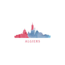 Algiers Watercolor Cityscape Skyline City Panorama Vector Flat Modern Logo, Icon. Algeria Town Emblem Concept With Landmarks And Building Silhouettes. Isolated Graphic