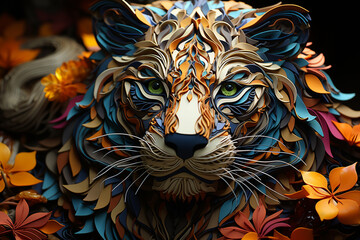 Fototapete - A complex, multi-layered pattern of interlocking shapes that resembles a Saber-toothed Tiger face. 