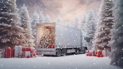 Wall Mural - open white cargo truck with christmas trees & gifts inside