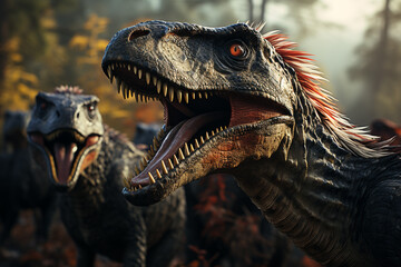 Poster - He playful interaction between a group of Velociraptor, showcasing their social dynamics and vigilant nature.  