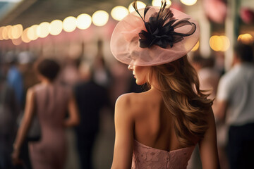 Young pretty woman in beautiful dress wearing fascinator at horse racing track.