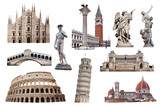 Collage of landmarks and symbols of Italy isolated on transparent white. Colosseum, Pisa Leaning tower, Venice Rialto Bridge, Campanile tower, Florence Cathedral, Milan Cathedral and Roman statues