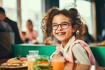 чA cute girl enjoys a healthy lunch in the school cafeteria, representing the joy of childhood and nutritious food.