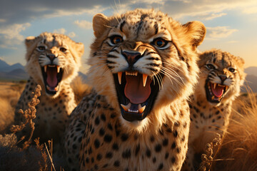 Poster - He playful interaction between a group of Cheetah, showcasing their social dynamics and vigilant nature.  