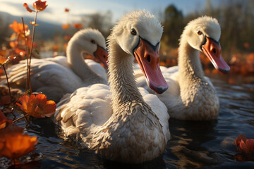 Aufkleber - Playful interaction between a group of Swan's, showcasing their social dynamics and vigilant nature.  