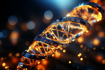 Leinwandbilder - Beautiful golden DNA molecule with yellow light symbol icons on a blue background.  
