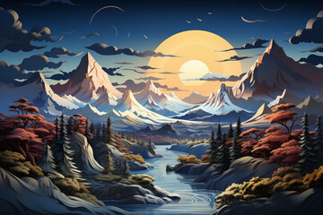 Poster - Winter snow capped mountains leyered paper cut style.  