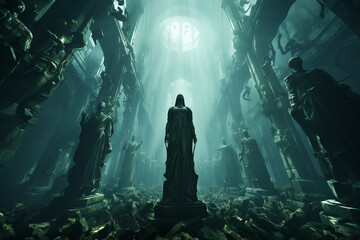Fototapete - An image of statues or monuments standing in an underwater city, emphasizing the enigmatic juxtaposition of ancient art and aquatic surroundings 