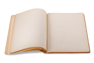 Fototapete - Antique open notebook with squares on old pages, isolated