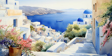 Picturesque Watercolor Painting Of Santorini Streets, Greece With Provence Influence - Creativity Meets Travel