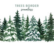 Watercolor winter pine tree forest seamless border. Hand-painted conifer spruce trees background. Nature landscape scene. PNG clipart.