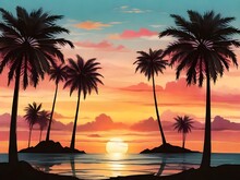 Palm Tree With Sunset Over The Sea