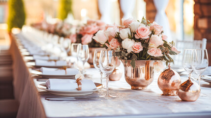 Wedding table setting with purple flowers, cutlery and candles in a restaurant. 