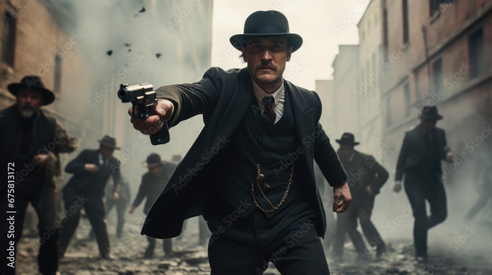 Gangster man in an elegant black suit with a gun in his hand. Retro ...
