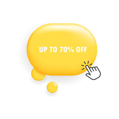 Poster - Up to 70% off button. Flat, yellow, cursor on button, sale sign, up to 70% off. Vector icon