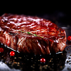 Wall Mural - beef steak on black plate close up