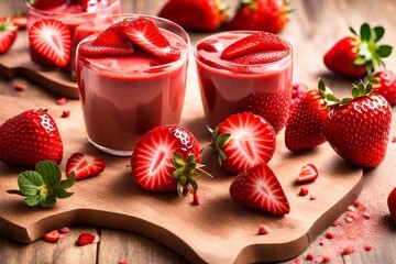 strawberry chunk pieces on the table and a nutritious pinkish-red strawberry milkshake